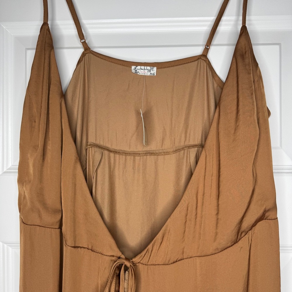 Free People All My Love Shine Mini Wrap Slip Dress Size Large Tan Brown NWT - Picture 8 of 12